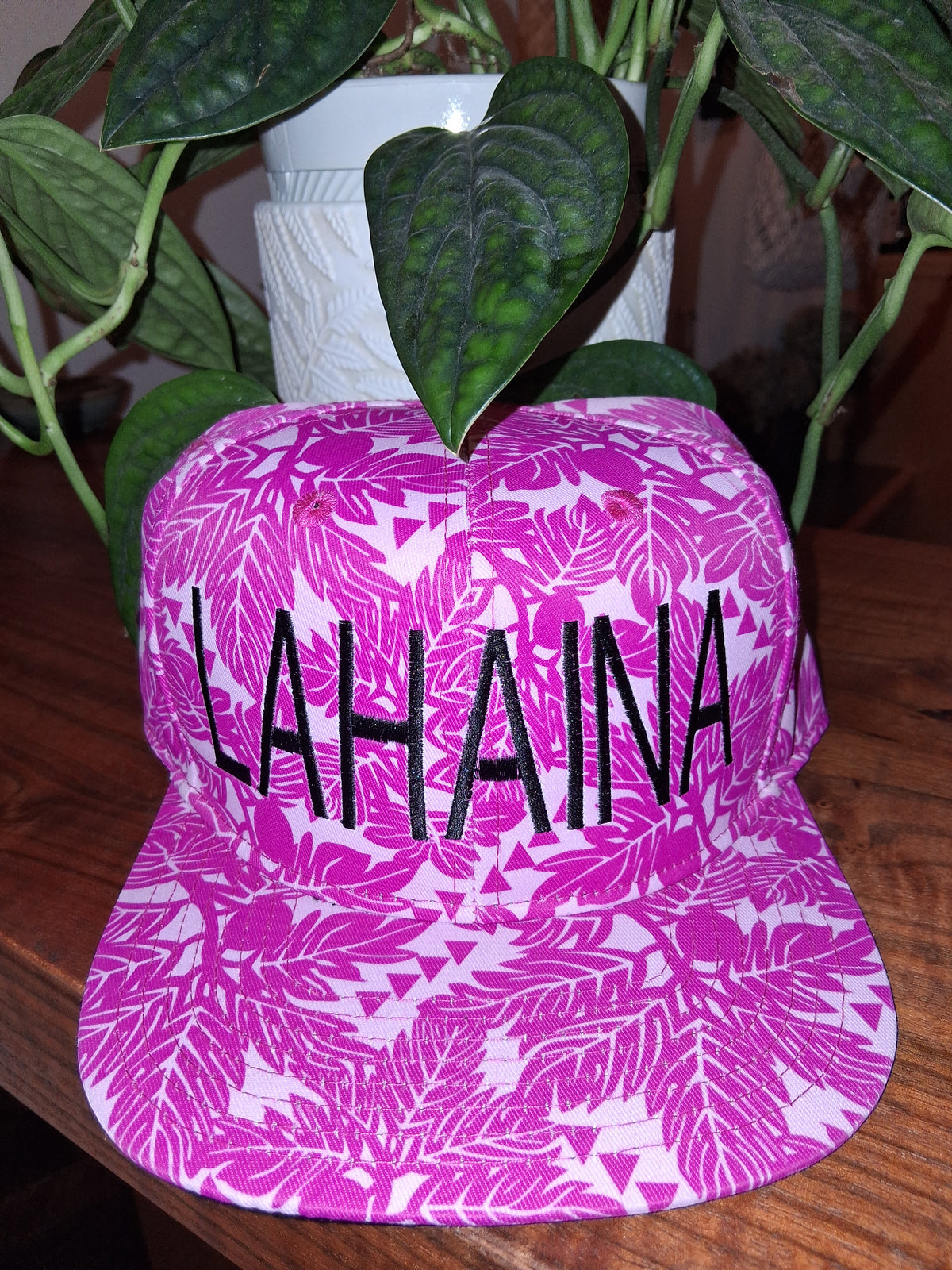 L Lahaina Pink & White Hawaiian Floral Print Hat- Adjustable Snap Back