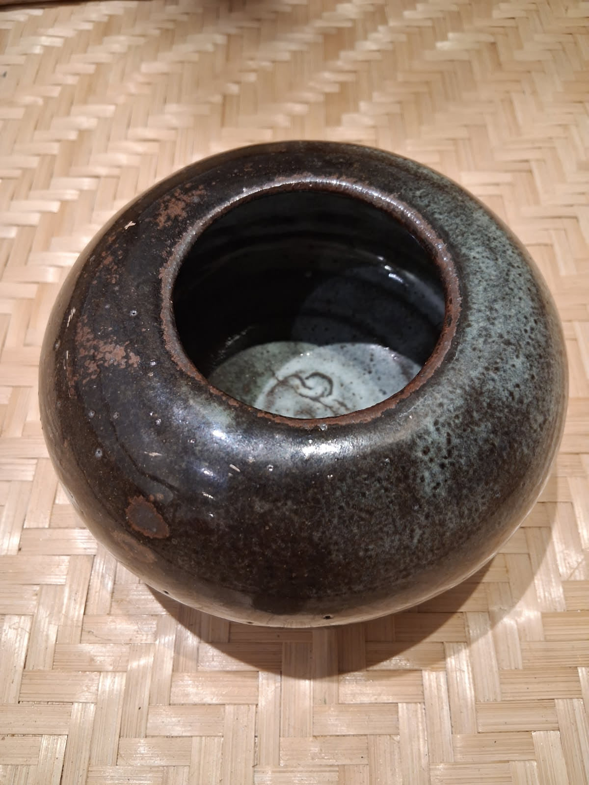 O Brown & blue short flower vase 5 inch non toxic glaze by Gayle