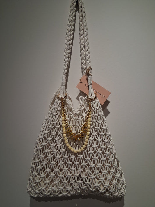 G Macrame purse with Leo & Lei Kenna Charm – Statement Bag Charm (Pīkake & Gold Plumeria)