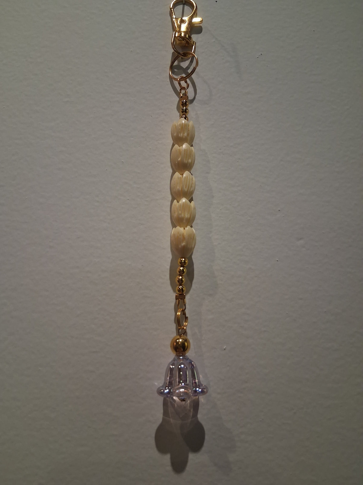 G Leo & Lei-Bag or Key Charm White Pikake & Gold Beads with Purple Crown Flower