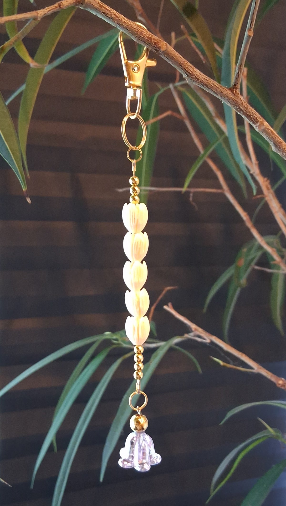 G Leo & Lei-Bag or Key Charm White Pikake & Gold Beads with Purple Crown Flower